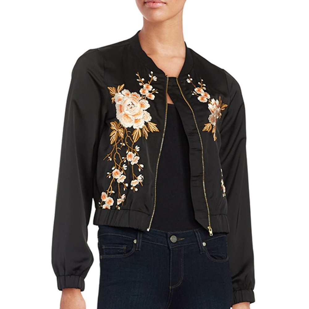 050 Design Lab Lord & Taylor ⚜️ Black Bomber Jacket with Floral Embroidery